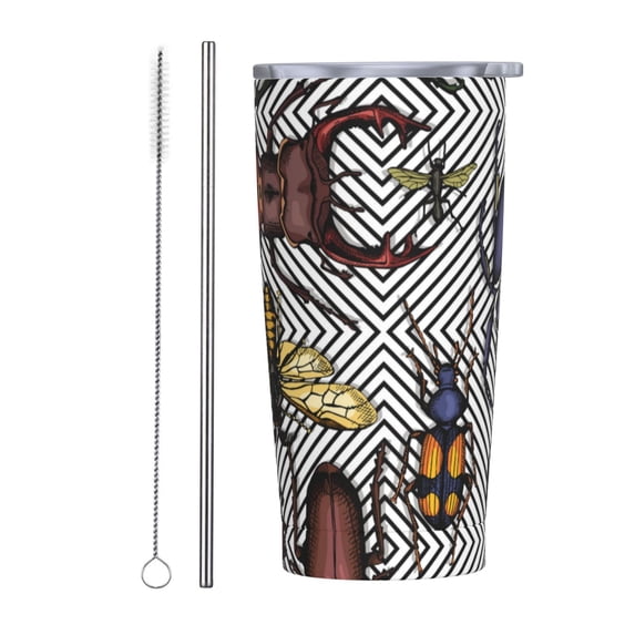 Kll Bright Insects Stainless Steel Vacuum Insulated Coffee Cup 20 Oz Insulated Travel Mug Water Cup With Leak-Proof Straw Lid & Flip Lid,1 Metal Straws,1 Cleaning Brush