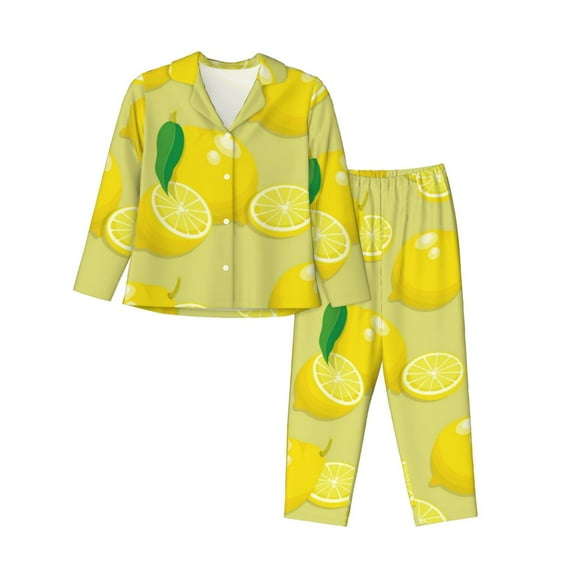 Kll Bright Lemons Print Women'S Long Sleeve Pajamas With Pants Sleepwear Loungewear 2 Set-Large