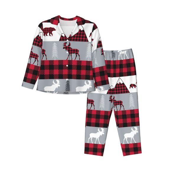 Kll Buffalo Plaid Forest Print Women'S Long Sleeve Pajamas With Pants Sleepwear Loungewear 2 Set-Small