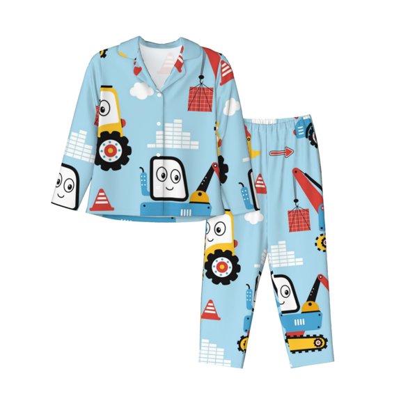 Kll Building Truck Print Women'S Long Sleeve Pajamas With Pants Sleepwear Loungewear 2 Set-Small