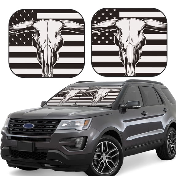 Kll Bull Skull On The Us Flag Windshield Sun Shade 2-Piece Foldable Car Front Window Sunshade For Most Sedans Suv Truck - Auto Sun Blocker Visor Protector Blocks Max Uv Rays - Large