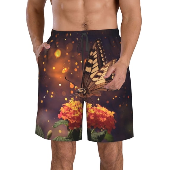 Kll Butterfly Sitting On A Flower Men'S Casual Summer Beach Shorts Hawaiian Shorts With Pockets-Small
