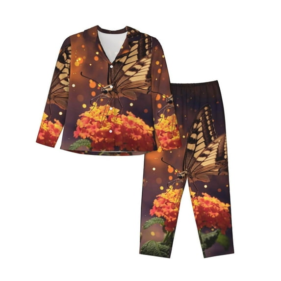Kll Butterfly Sitting On A Flower Print Women'S Long Sleeve Pajamas With Pants Sleepwear Loungewear 2 Set-Medium