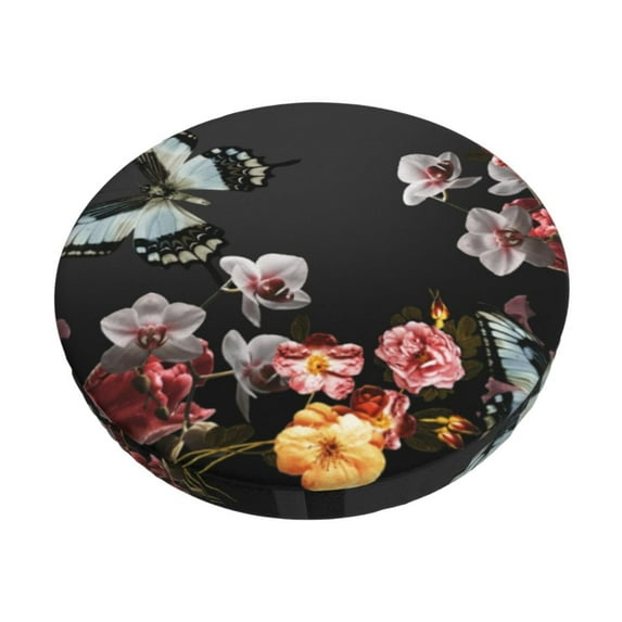 Kll Butterfly With Fowers Round Bar Chair Cushion Cover 14 Inch,Bar Stool Protector With Elastic, Soft Washable
