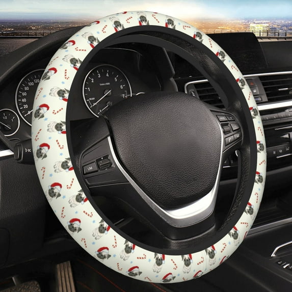 Kll Car Steering Wheel Cover, Universal 15 Inch, Soft Elastic And Comfortable,Car Accessories Decorations-Christmas Pug Dog