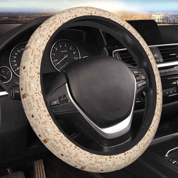 Kll Car Steering Wheel Cover, Universal 15 Inch, Soft Elastic And Comfortable,Car Accessories Decorations-Coffee Time