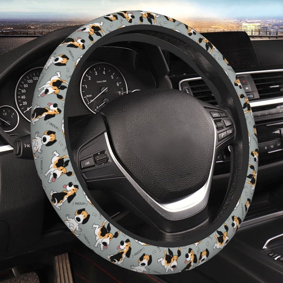 Kll Car Steering Wheel Cover, Universal 15 Inch, Soft Elastic And Comfortable,Car Accessories Decorations-Funny Beagle Active Dog