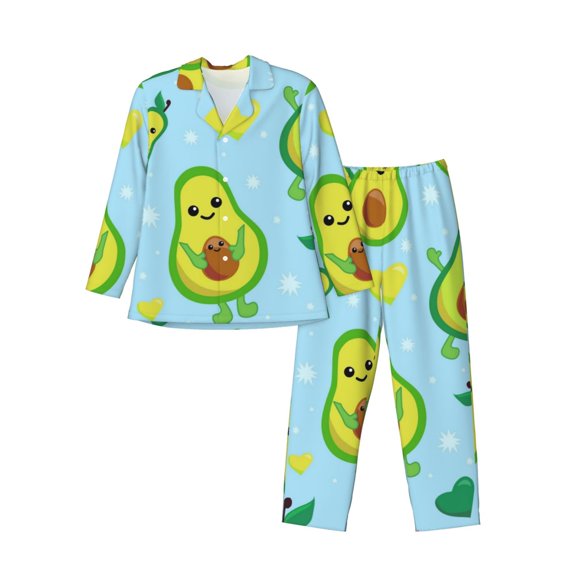 Kll Cartoon Avocado Sleepwear Mens Flannel Pajamas,Long Cotton Pj Set