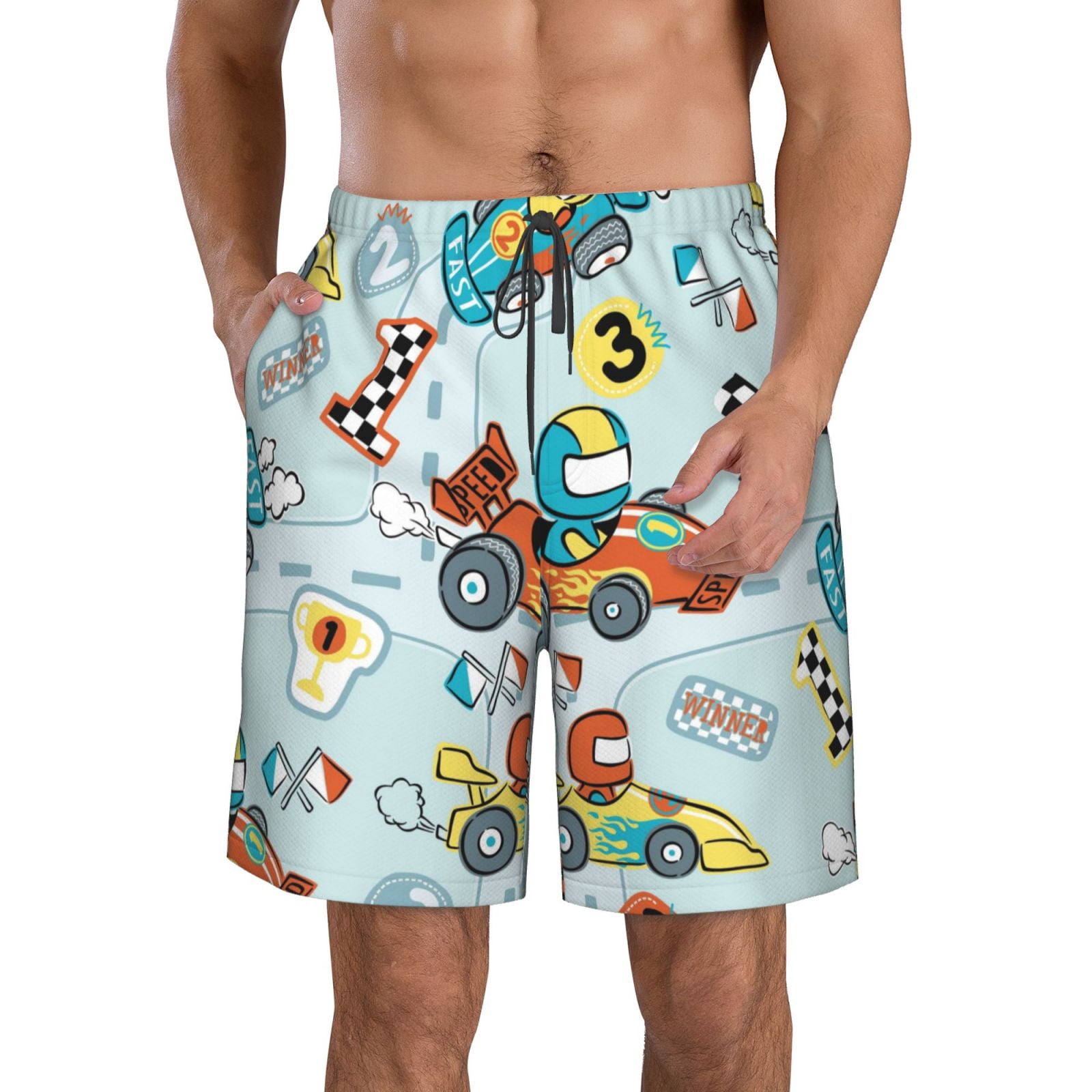 Kll Cartoon Car Racing Men'S Casual Summer Beach Shorts Hawaiian Shorts ...