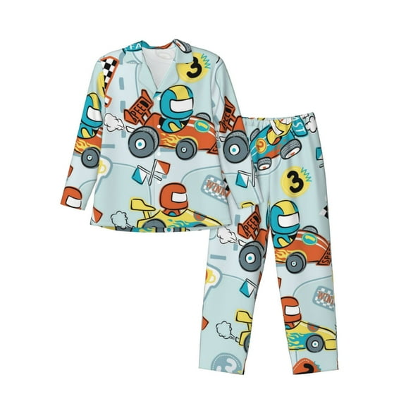 Kll Cartoon Car Racing Sleepwear Mens Flannel Pajamas,Long Cotton Pj Set