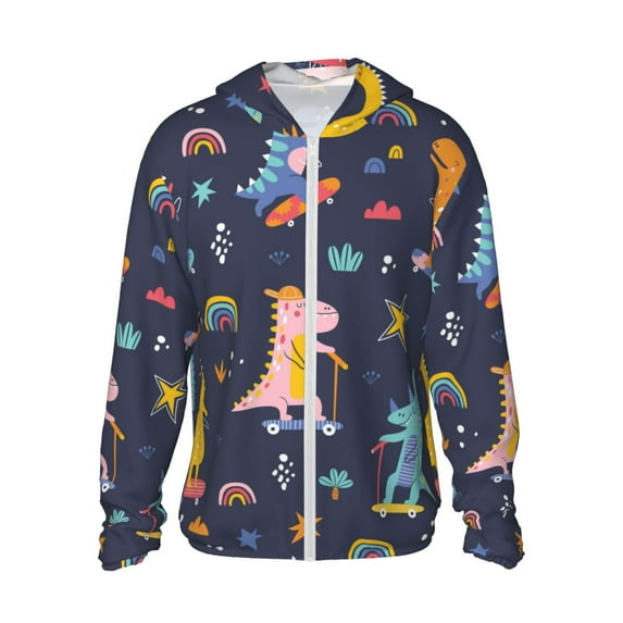 Kll Cartoon Dinosaur Print Men'S Women’s Upf 50+ Sun Protection Outdoor Hoodie Jacket Long Sleeve Fishing Hiking Performance Shirt- Small