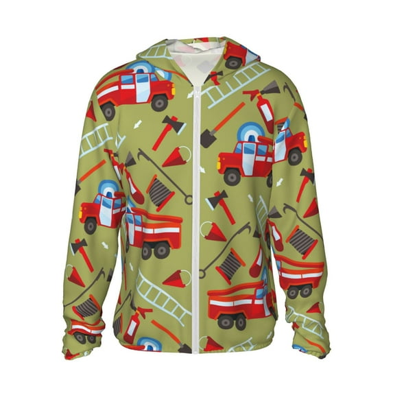 Kll Cartoon Fire Truck Print Men'S Women’s Upf 50+ Sun Protection Outdoor Hoodie Jacket Long Sleeve Fishing Hiking Performance Shirt- X-Large