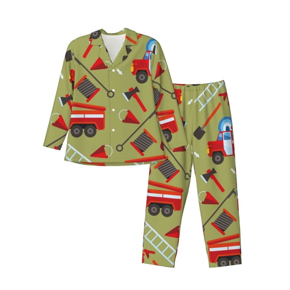 Kll Cartoon Fire Truck Sleepwear Mens Flannel Pajamas,Long Cotton Pj Set