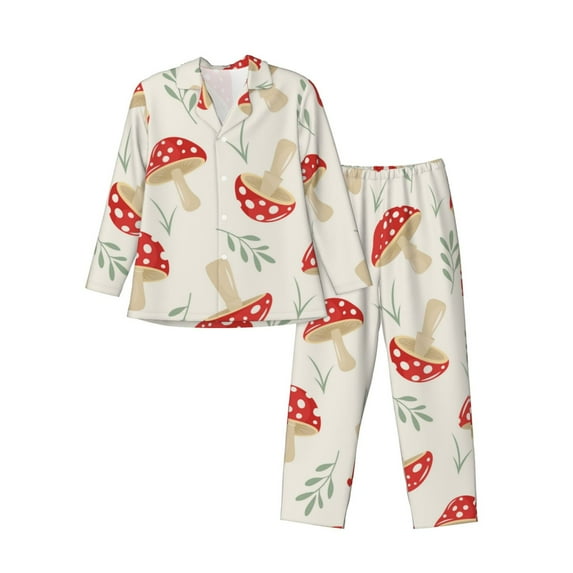 Kll Cartoon Flat Mushrooms Sleepwear Mens Flannel Pajamas,Long Cotton Pj Set