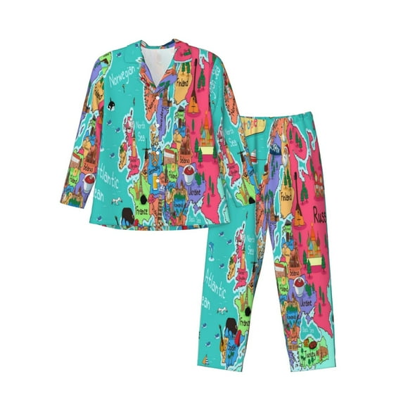 Kll Cartoon Map Of Europe Sleepwear Mens Flannel Pajamas,Long Cotton Pj Set