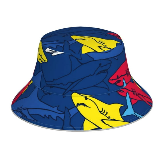 Kll Cartoon Shark Bucket Hat For Women Men Packable Travel Beach Sun Hat Outdoor Rave Accessories Reflective Fisherman Cap