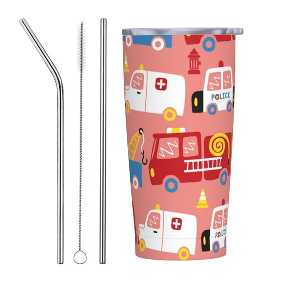 Kll Cartoon With Traffic Elements Stainless Steel Vacuum Insulated Coffee Cup 20 Oz Insulated Travel Mug Water Cup With Leak-Proof Straw Lid & Flip Lid,1 Metal Straws,1 Cleaning Brush