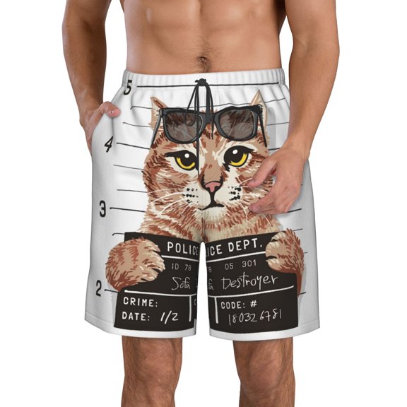 Kll Cat Holding Mugshot Sign Men'S Casual Summer Beach Shorts Hawaiian Shorts With Pockets-3x-Large