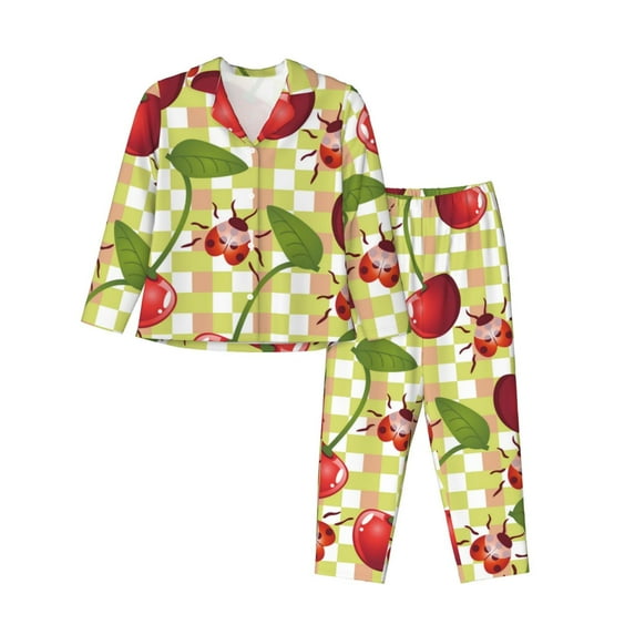 Kll Cherries And Ladybirds Print Women'S Long Sleeve Pajamas With Pants Sleepwear Loungewear 2 Set-Small
