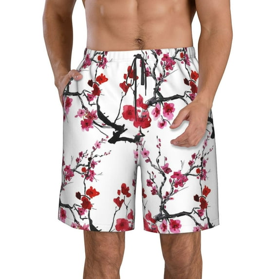 Kll Cherry Blossoms Men'S Casual Summer Beach Shorts Hawaiian Shorts With Pockets-Medium