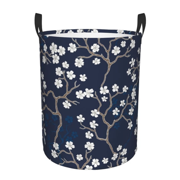 Kll Cherry Blossoms On Navy Background Waterproof Foldable Laundry Hamper Bucket With Handles For Storage Bin,Kids Room,Home Organizer (Small)