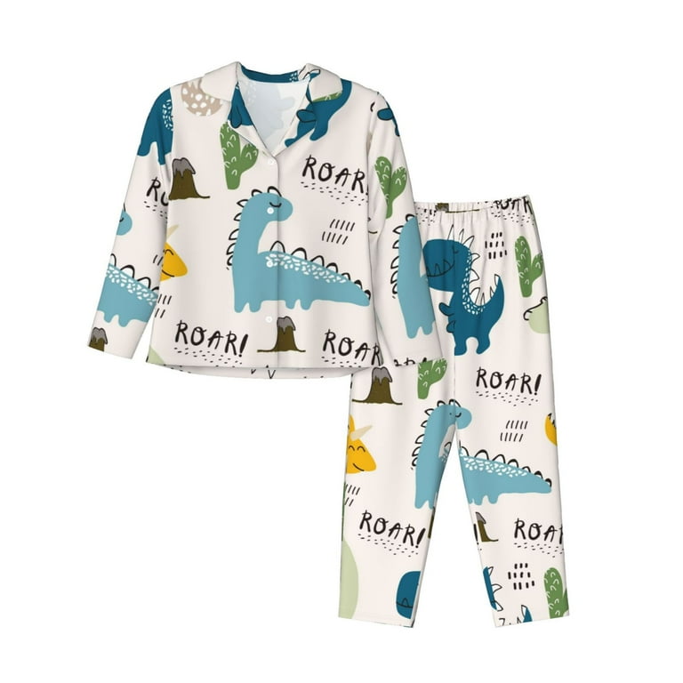 Kll Childish Dinosaur Print Women S Long Sleeve Pajamas With Pants