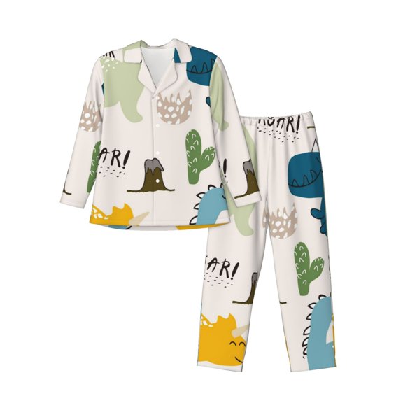 Kll Childish Dinosaur Sleepwear Mens Flannel Pajamas,Long Cotton Pj Set