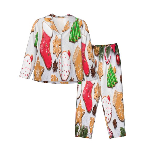 Kll Christmas Gingerbread Cookies Print Women'S Long Sleeve Pajamas With Pants Sleepwear Loungewear 2 Set-Small