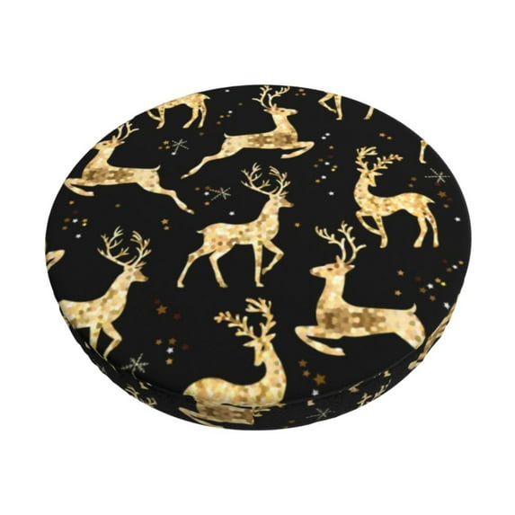 Kll Christmas Gold Deers Round Bar Chair Cushion Cover 13 Inch,Bar Stool Protector With Elastic, Soft Washable