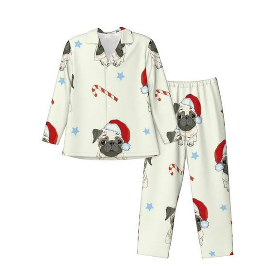 Kll Christmas Pug Dog Sleepwear Mens Flannel Pajamas,Long Cotton Pj Set