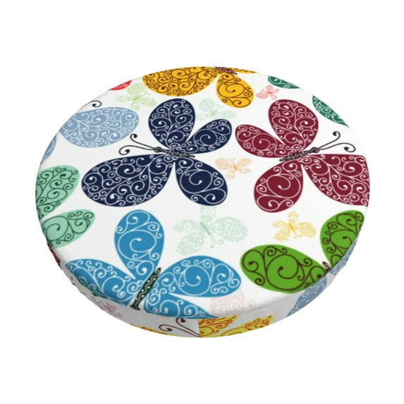 Kll Colorful Butterflies Round Bar Chair Cushion Cover 14 Inch,Bar Stool Protector With Elastic, Soft Washable