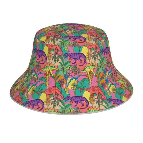 Kll Colorful Dinosaur Bucket Hat for Women Men Packable Travel Beach Sun Hat Outdoor Rave Accessories Reflective Fisherman Cap
