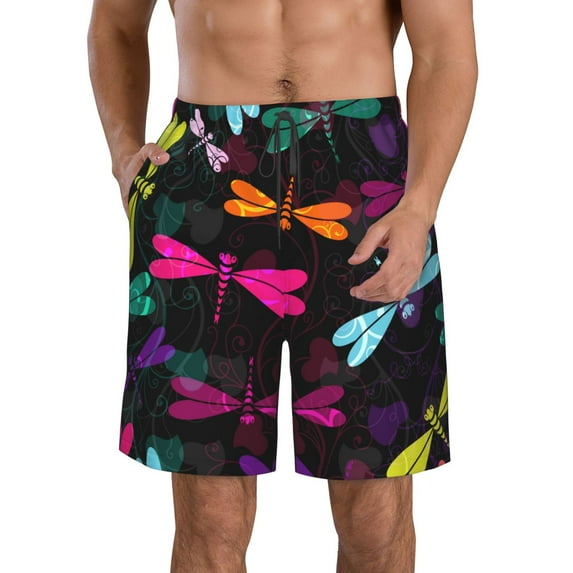Kll Colorful Dragonflies Men'S Casual Summer Beach Shorts Hawaiian Shorts With Pockets-Small