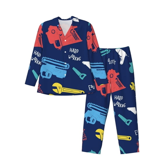 Kll Colorful Excavator Sleepwear Mens Flannel Pajamas,Long Cotton Pj Set