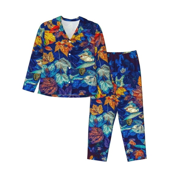 Kll Colorful Fall Leaves Print Women'S Long Sleeve Pajamas With Pants Sleepwear Loungewear 2 Set-Small