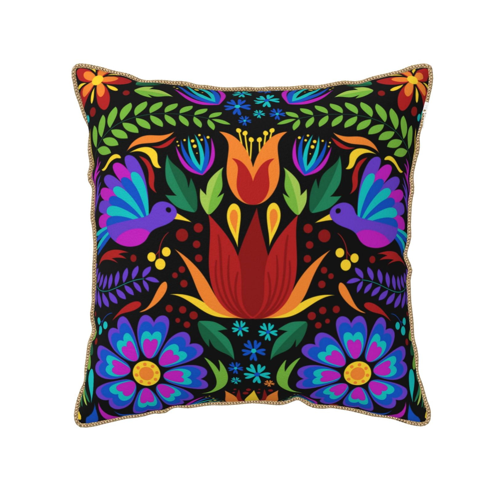 Colorful Mexican Floral Embroidered Velvet Throw Pillow Cover 18" x 18"