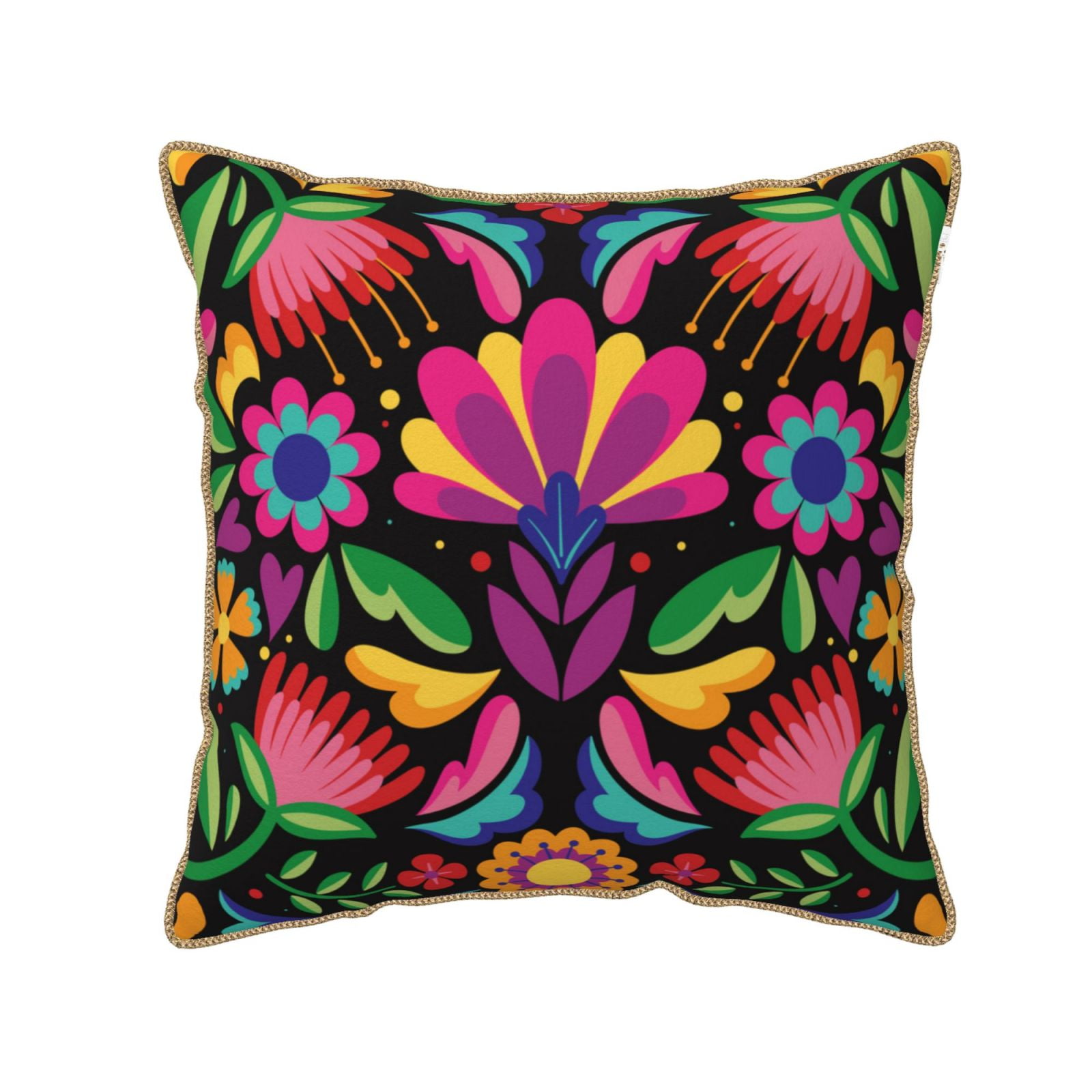 Colorful Mexican Floral Embroidered Velvet Throw Pillow Cover 18" x 18"