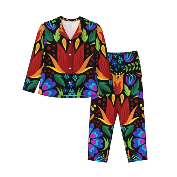 Kll Colorful Floral Print Women'S Long Sleeve Pajamas With Pants Sleepwear Loungewear 2 Set-Small