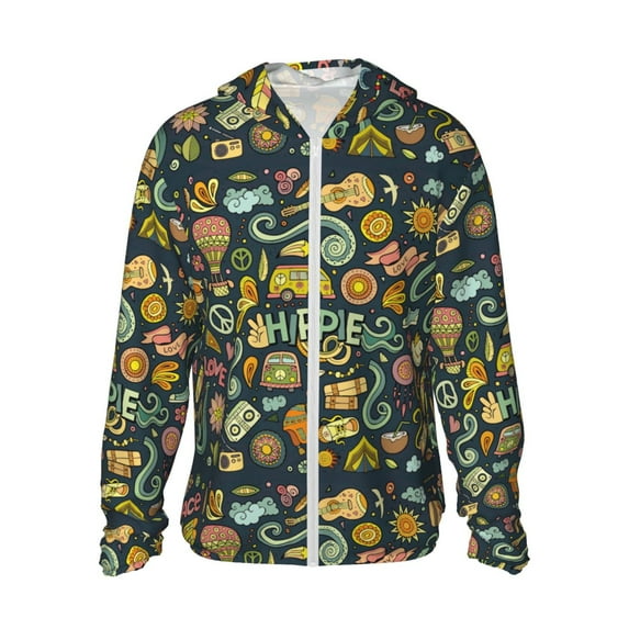 Kll Colorful Hippie Print Men'S Women’s Upf 50+ Sun Protection Outdoor Hoodie Jacket Long Sleeve Fishing Hiking Performance Shirt- 3x-Large