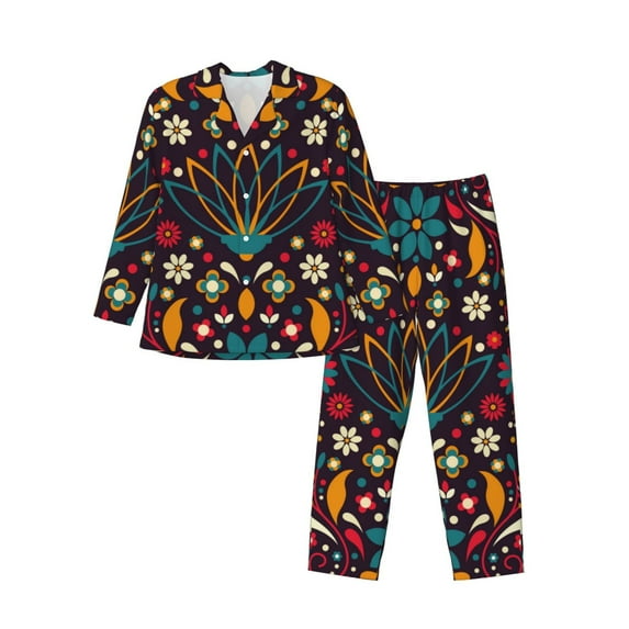 Kll Colorful Mexican2 Sleepwear Mens Flannel Pajamas,Long Cotton Pj Set