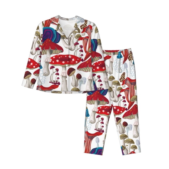 Kll Colorful Mushrooms Print Women'S Long Sleeve Pajamas With Pants Sleepwear Loungewear 2 Set-Medium
