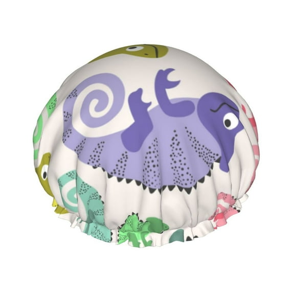 Kll Colorful Pattern With Cute Chameleons Pattern Shower Cap & Bath Cap For Women,Reversible Oversized Waterproof Shower Caps For All Hair Lengths,Elastic Reusable Bathing Hair Cap