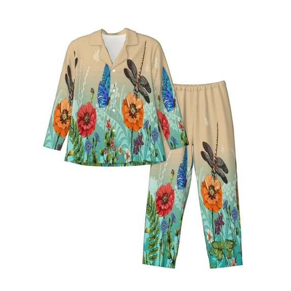 Kll Colorful Plants And Insects Sleepwear Mens Flannel Pajamas,Long Cotton Pj Set