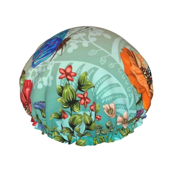 Kll Colorful Plants And Insects Pattern Shower Cap & Bath Cap For Women,Reversible Oversized Waterproof Shower Caps For All Hair Lengths,Elastic Reusable Bathing Hair Cap