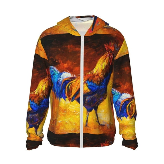Kll Colorful Rooster Print Men'S Women’s Upf 50+ Sun Protection Outdoor Hoodie Jacket Long Sleeve Fishing Hiking Performance Shirt- Large