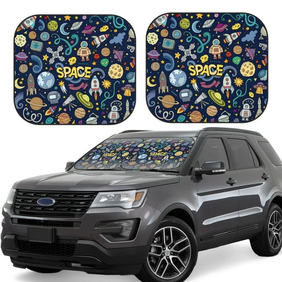 Kll Colorful Space Windshield Sun Shade 2-Piece Foldable Car Front Window Sunshade For Most Sedans Suv Truck- Medium