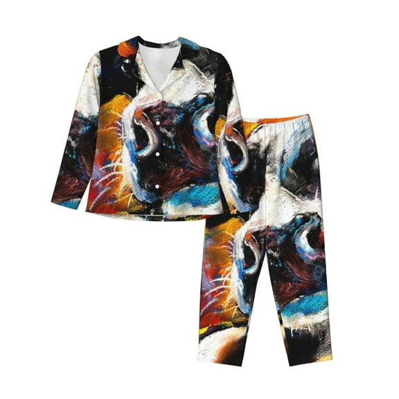Kll Cow Print Women'S Long Sleeve Pajamas With Pants Sleepwear Loungewear 2 Set-Small