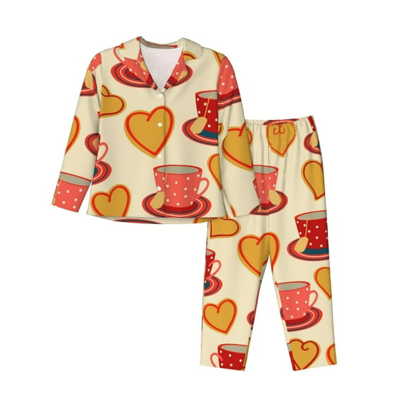 Kll Cups Of Tea Print Women'S Long Sleeve Pajamas With Pants Sleepwear Loungewear 2 Set-Small