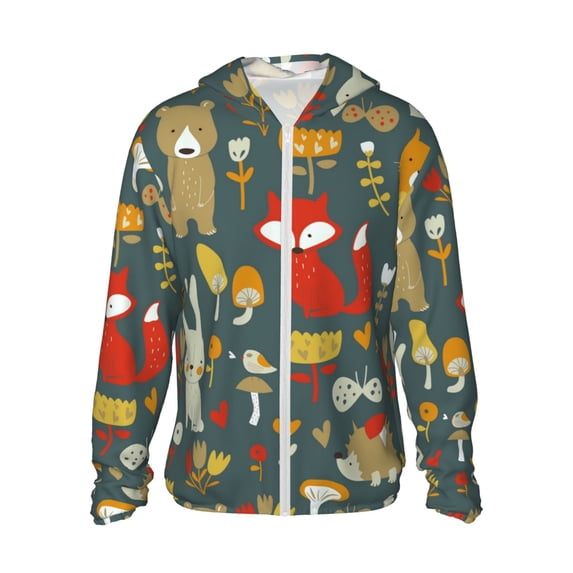 Kll Cute Animal Forest Print Men'S Women’s Upf 50+ Sun Protection Outdoor Hoodie Jacket Long Sleeve Fishing Hiking Performance Shirt- X-Large