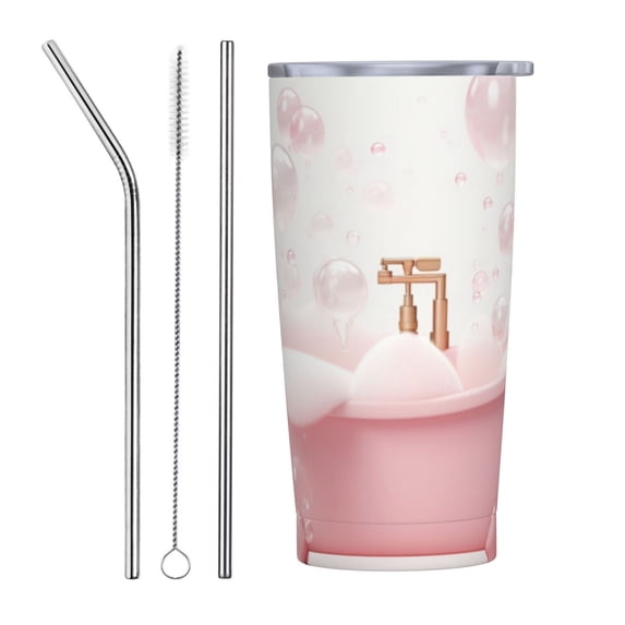 Kll Cute Bathtub Stainless Steel Vacuum Insulated Coffee Cup 20 Oz Insulated Travel Mug Water Cup With Leak-Proof Straw Lid & Flip Lid,1 Metal Straws,1 Cleaning Brush